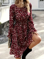 Midi flared dress in burgundy print with gathered waist