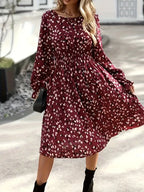 Midi flared dress in burgundy print with gathered waist