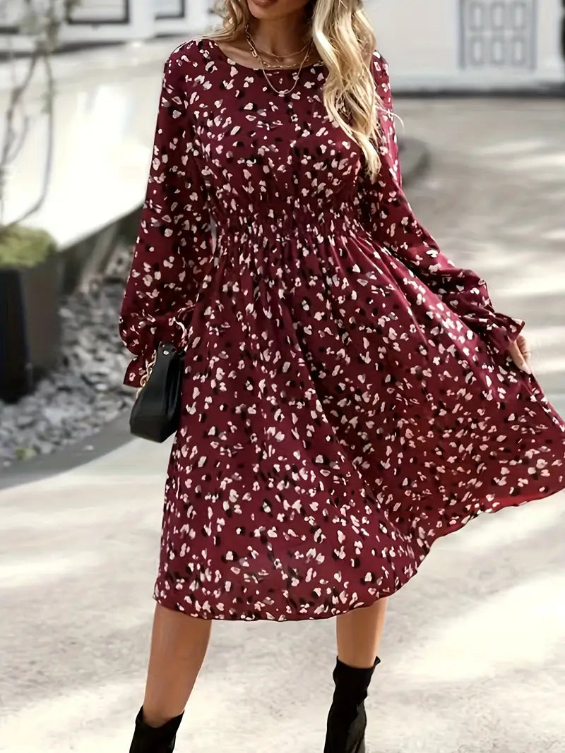 Midi flared dress in burgundy print with gathered waist