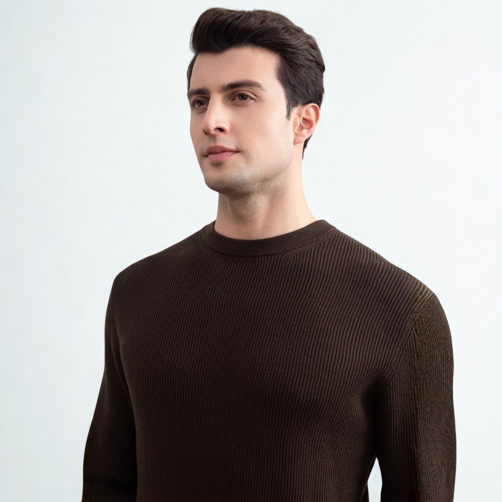 Dark Brown Crewneck Malfilé English Rib Sweater