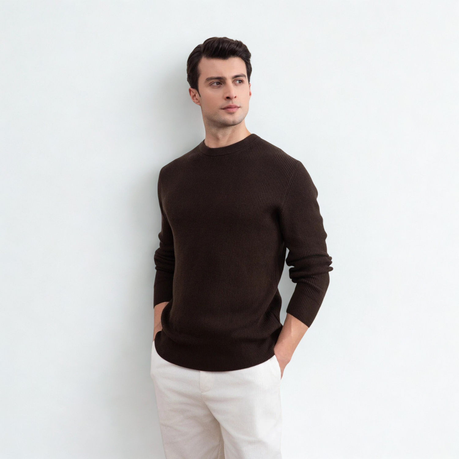 Dark Brown Crewneck Malfilé English Rib Sweater