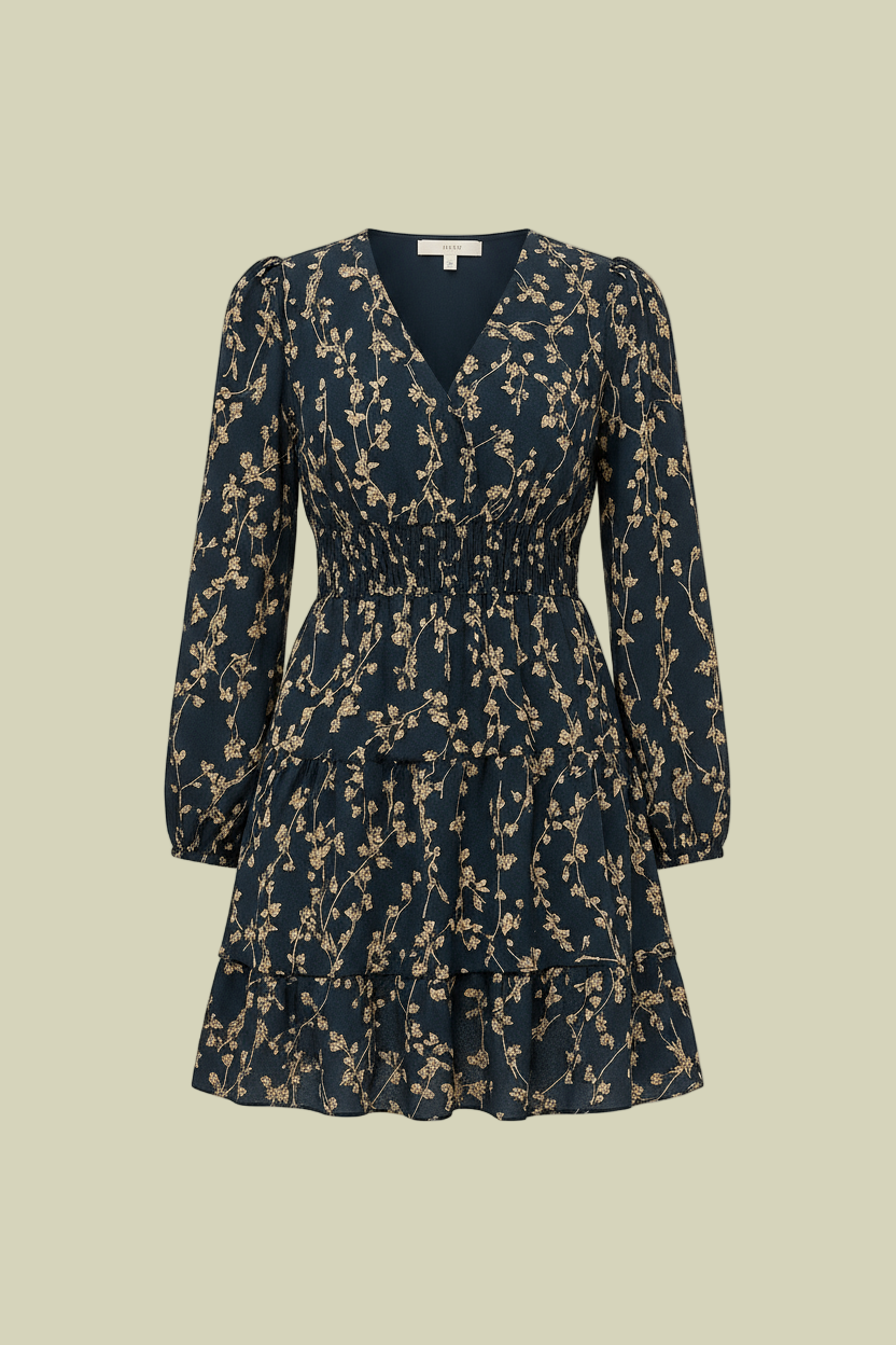 Dress with small beige flowers, featuring ruffles and gathers.