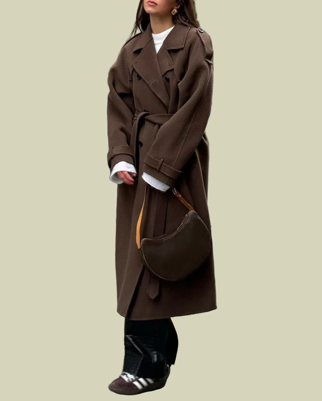 Elena Elegant Women’s Long Wool Coat Belted Trench Coat for Winter