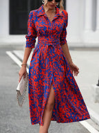 Midi shirt dress with pattern and slit