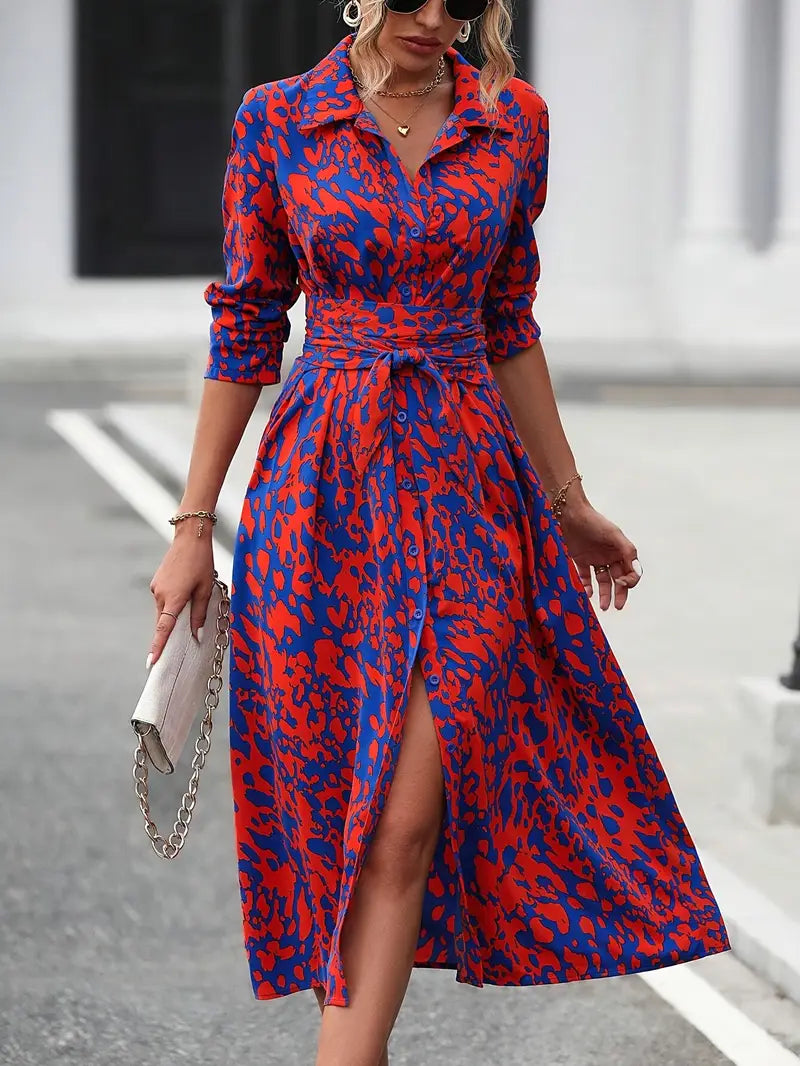 Midi shirt dress with pattern and slit