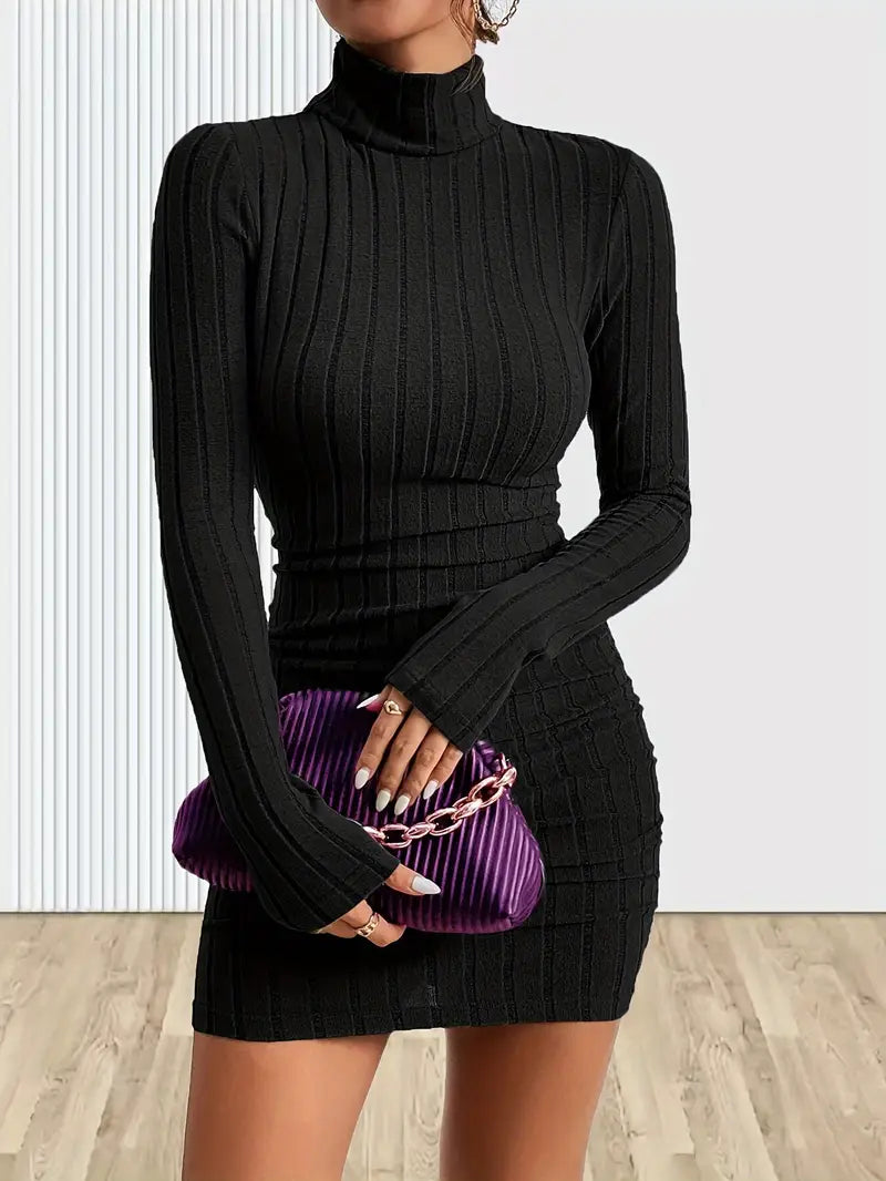 Black ribbed knit mini dress with turtleneck