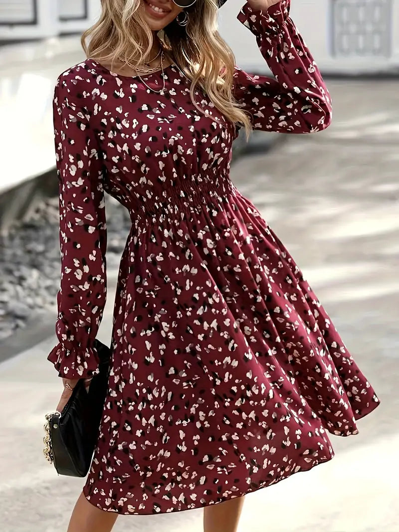 Midi flared dress in burgundy print with gathered waist