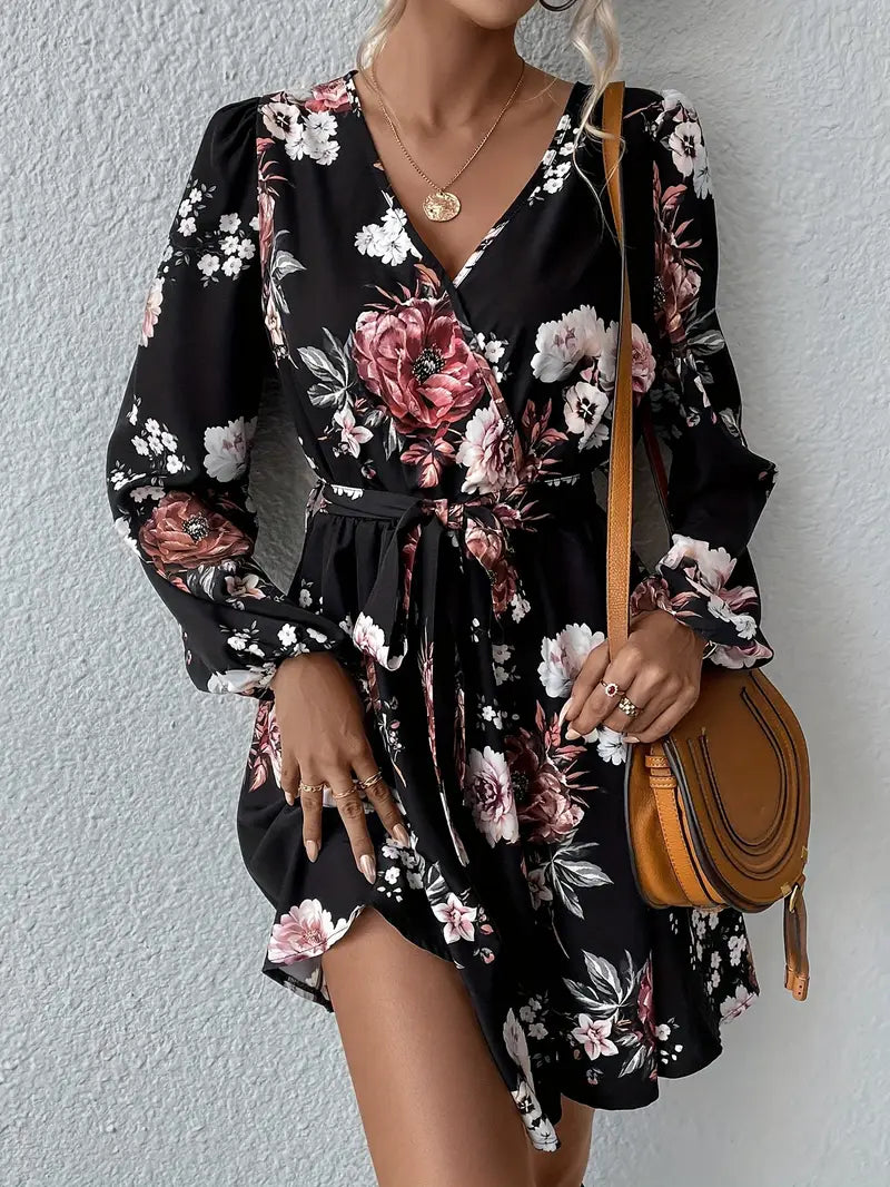 Floral wrap dress with belt and long sleeves