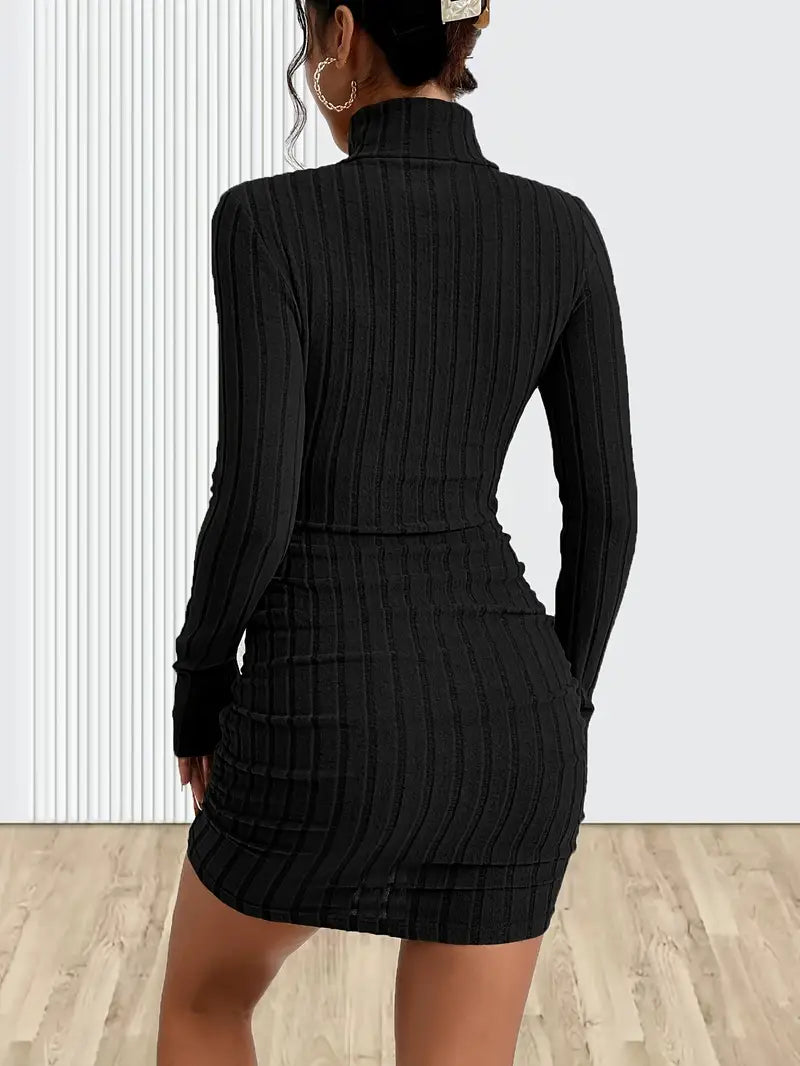 Black ribbed knit mini dress with turtleneck