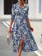 Midi shirt dress with pattern and slit